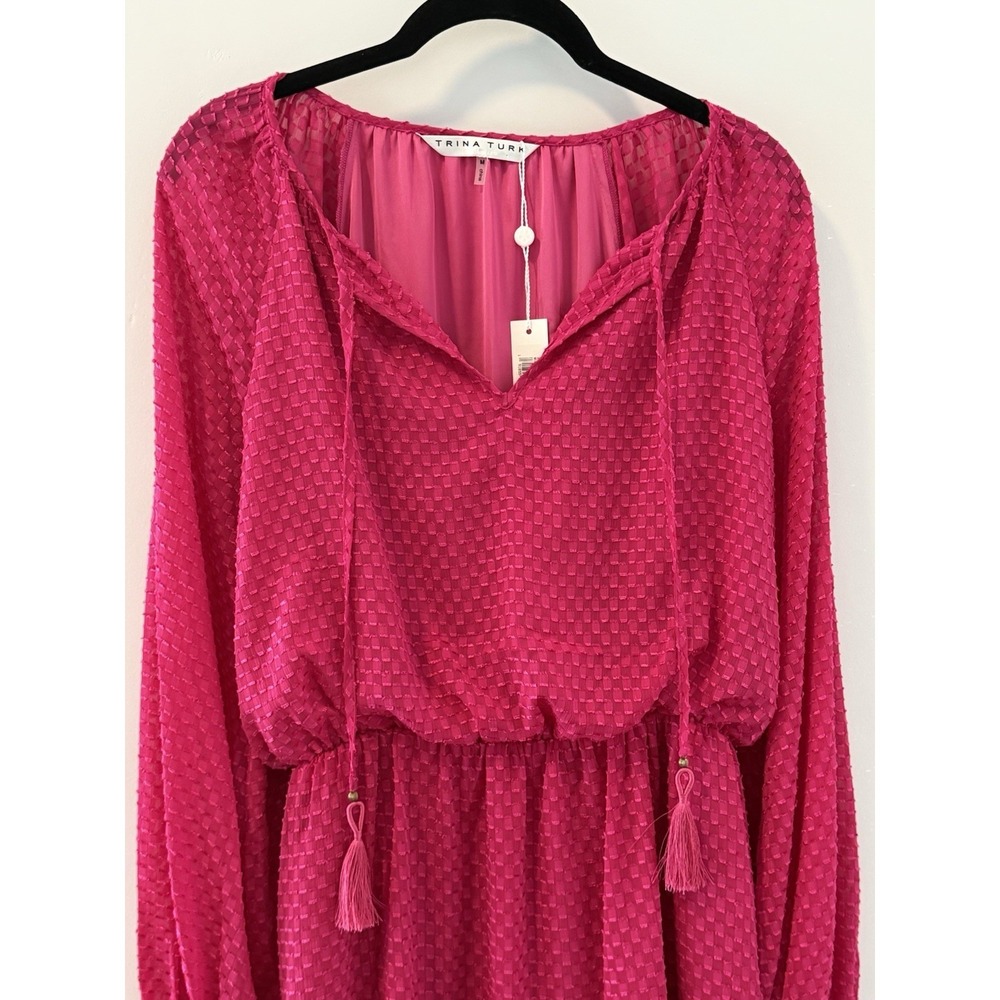Trina Turk Viti Pink Mini Tiered Long Slv Designer Dress Women's Size M NWT $278 - Picture 2 of 10